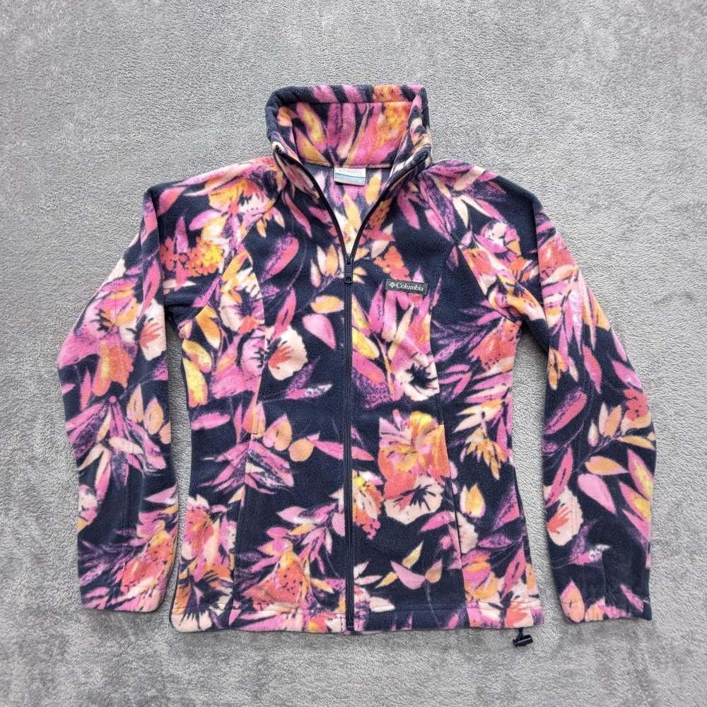 Columbia Jacket Womens XS Blue‎ Floral Fleece Full Zip Pockets Logo Slim Lined